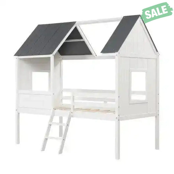 Twin Size Kids House Bed Low Loft Bed Frame with Roof-White White Toddler Beds