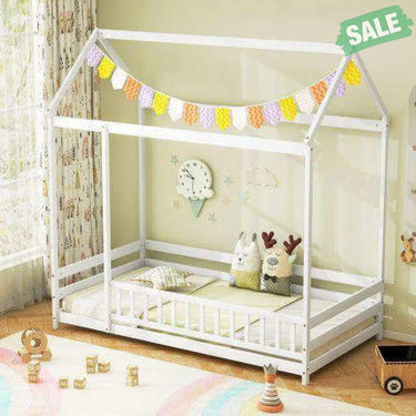 Twin Size Kids House Bed Wooden Floor Bed with Roof and Full-length Safety Guardrail-White Toddler Beds