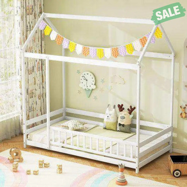 Twin Size Kids House Bed Wooden Floor Bed with Roof and Full-length Safety Guardrail-White Toddler Beds