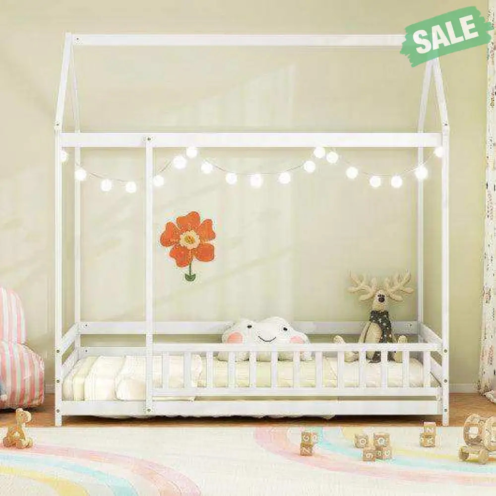 Twin Size Kids House Bed Wooden Floor Bed with Roof and Full-length Safety Guardrail-White Toddler Beds