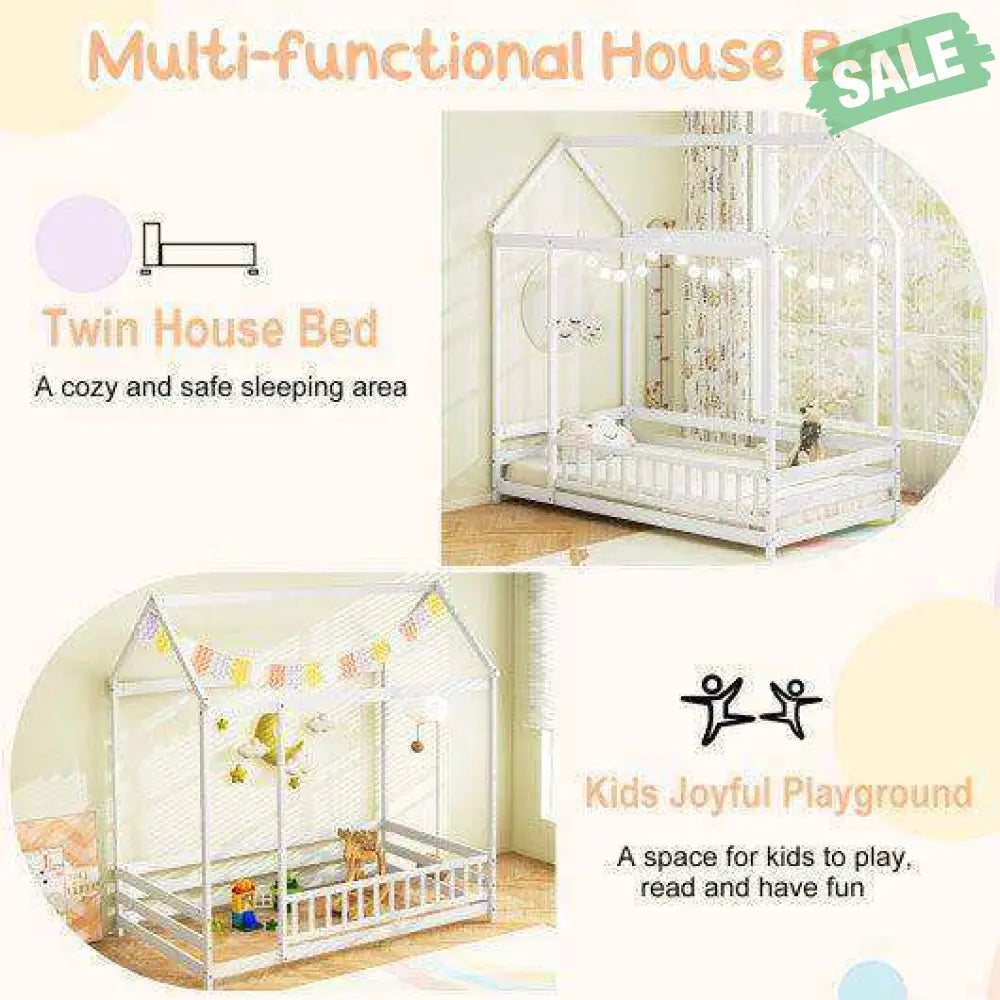 Twin House Bed Wooden Floor Bed Roof Full length Safety Guardrail