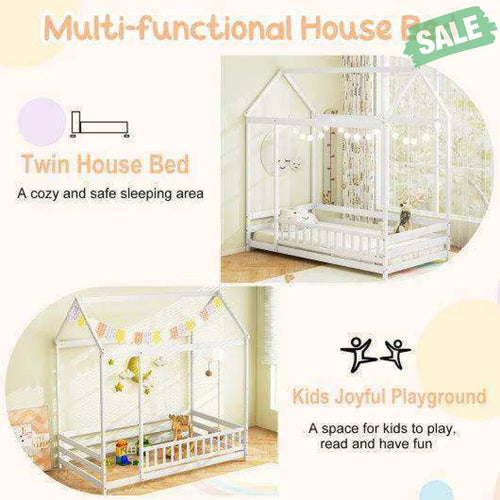Twin Size Kids House Bed Wooden Floor Bed with Roof and Full-length Safety Guardrail-White White Toddler Beds