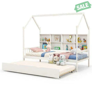 Twin Size Kids Montessori Daybed with Roof and Shelf Compartments-White Toddler Beds