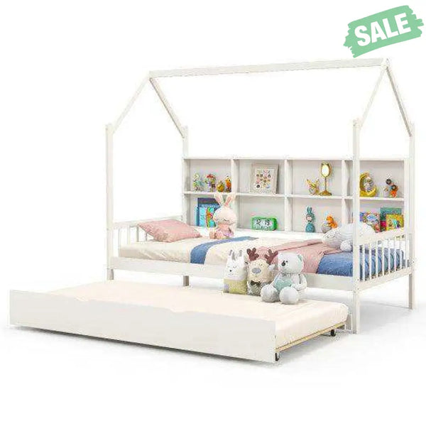 Twin Size Kids Montessori Daybed with Roof and Shelf Compartments-White Toddler Beds