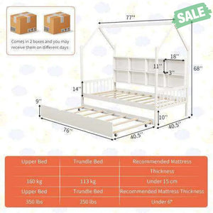 Twin Size Kids Montessori Daybed with Roof and Shelf Compartments-White Toddler Beds