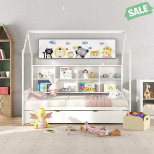 Twin Size Kids Montessori Daybed with Roof and Shelf Compartments-White Toddler Beds