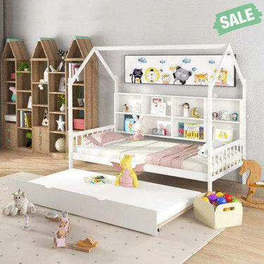 Twin Size Kids Montessori Daybed with Roof and Shelf Compartments-White Toddler Beds