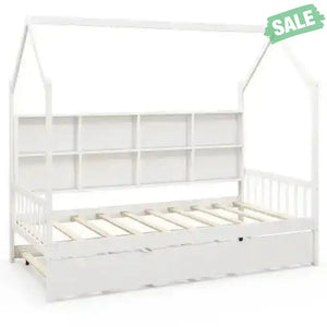 Twin Size Kids Montessori Daybed with Roof and Shelf Compartments-White Toddler Beds