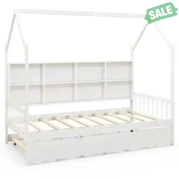 Twin Size Kids Montessori Daybed with Roof and Shelf Compartments-White Toddler Beds