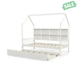 Twin Size Kids Montessori Daybed with Roof and Shelf Compartments-White Toddler Beds