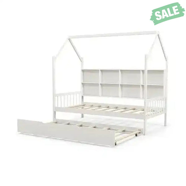 Twin Size Kids Montessori Daybed with Roof and Shelf Compartments-White Toddler Beds
