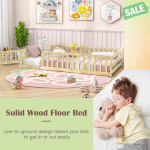 Twin Size Kids Wood Montessori Floor Bed with Door and Fence-Gray Natural Toddler Beds