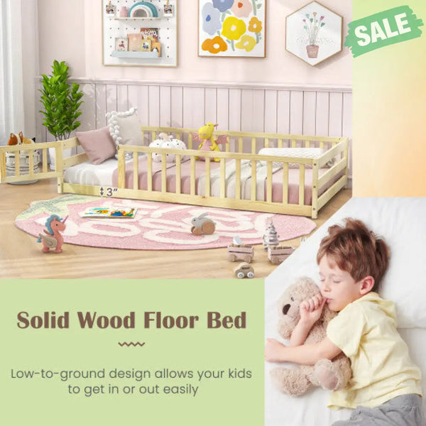 Twin Size Kids Wood Montessori Floor Bed with Door and Fence-Gray Natural Toddler Beds