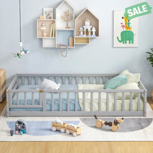 Twin Size Kids Wood Montessori Floor Bed with Door and Fence-Gray Toddler Beds