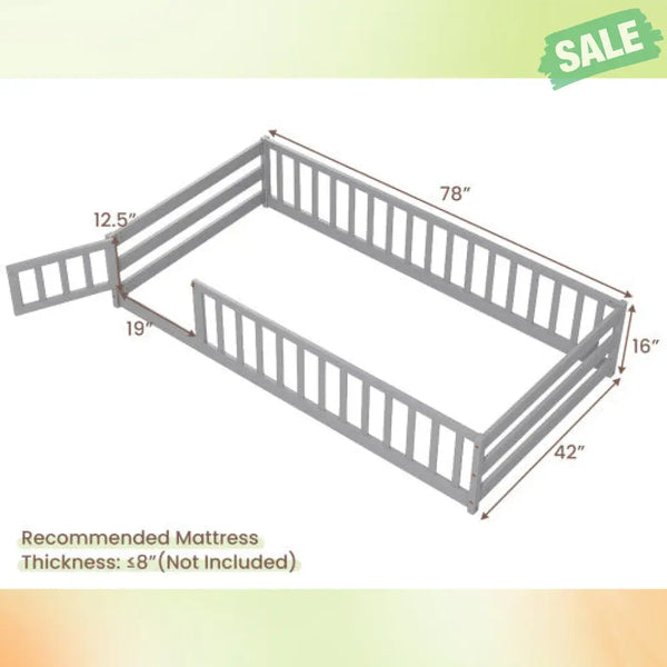 Twin Size Kids Wood Montessori Floor Bed with Door and Fence-Gray Toddler Beds