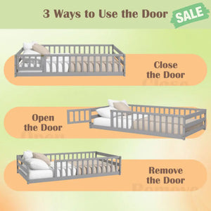 Twin Size Kids Wood Montessori Floor Bed with Door and Fence-Gray Gray Toddler Beds