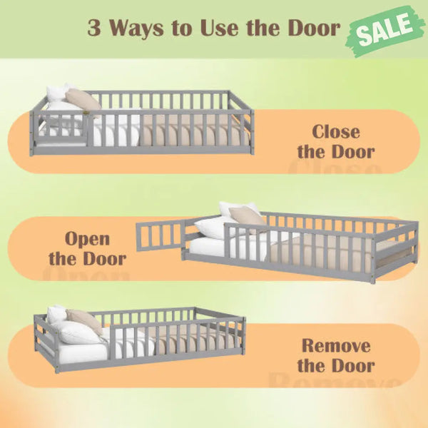 Twin Size Kids Wood Montessori Floor Bed with Door and Fence-Gray Gray Toddler Beds