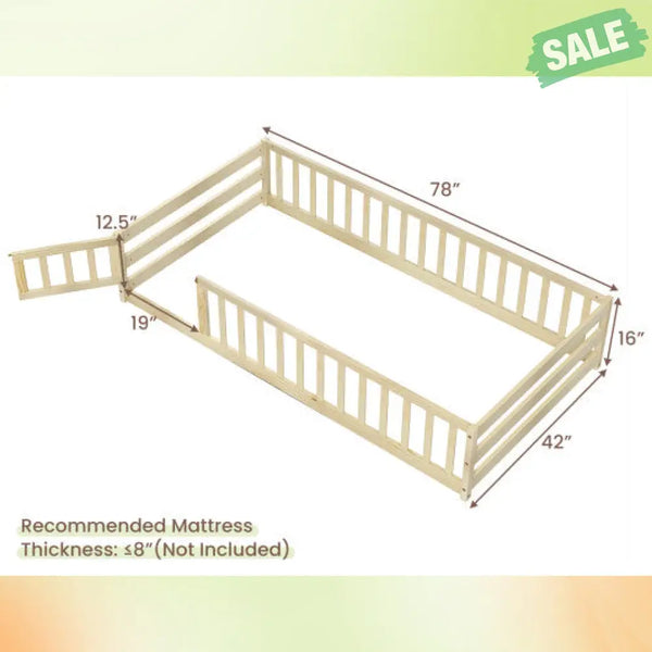 Twin Size Kids Wood Montessori Floor Bed with Door and Fence-Gray Toddler Beds