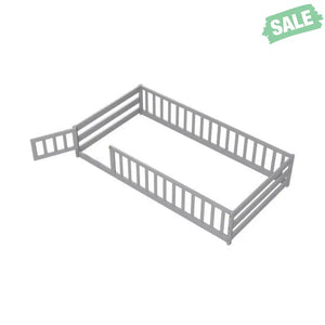 Twin Size Kids Wood Montessori Floor Bed with Door and Fence-Gray Toddler Beds
