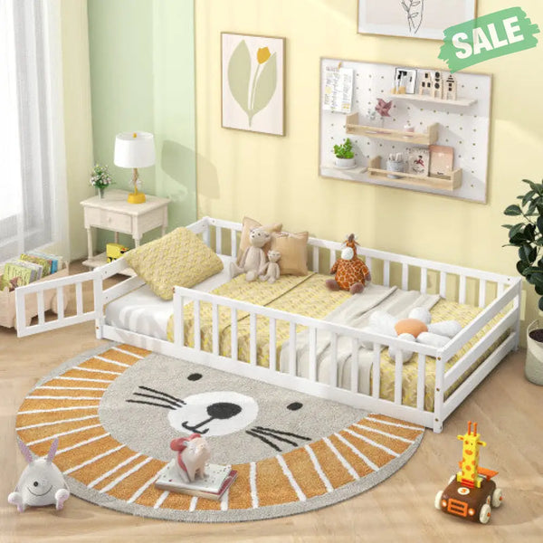 Twin Size Kids Wood Montessori Floor Bed with Door and Fence-Gray Toddler Beds