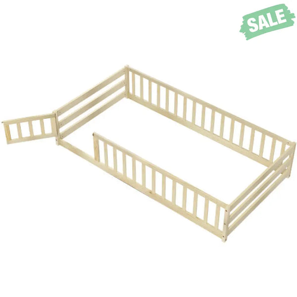 Twin Size Kids Wood Montessori Floor Bed with Door and Fence-Gray Toddler Beds