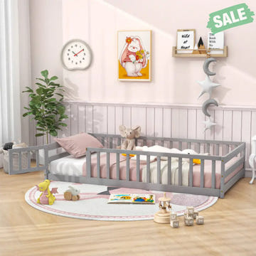 Twin Size Kids Wood Montessori Floor Bed with Door and Fence