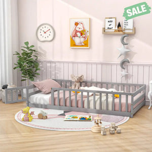 Twin Size Kids Wood Montessori Floor Bed with Door and Fence-Gray Toddler Beds