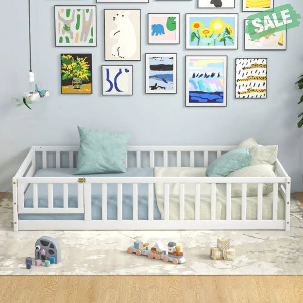 Twin Size Kids Wood Montessori Floor Bed with Door and Fence-Gray Toddler Beds