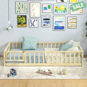 Twin Size Kids Wood Montessori Floor Bed with Door and Fence-Gray Toddler Beds