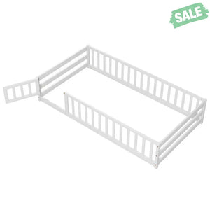 Twin Size Kids Wood Montessori Floor Bed with Door and Fence-Gray Toddler Beds