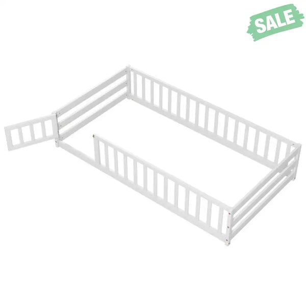 Twin Size Kids Wood Montessori Floor Bed with Door and Fence-Gray Toddler Beds