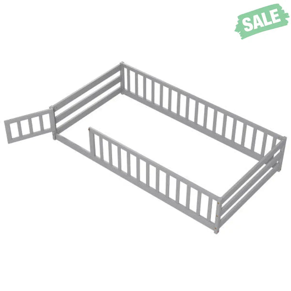 Twin Size Kids Wood Montessori Floor Bed with Door and Fence-Gray Toddler Beds