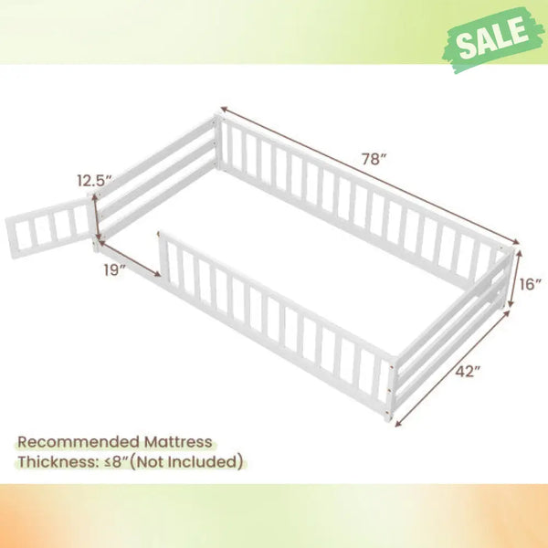 Twin Size Kids Wood Montessori Floor Bed with Door and Fence-Gray Toddler Beds