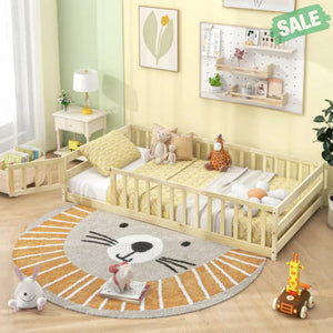 Twin Size Kids Wood Montessori Floor Bed with Door and Fence-Gray Toddler Beds