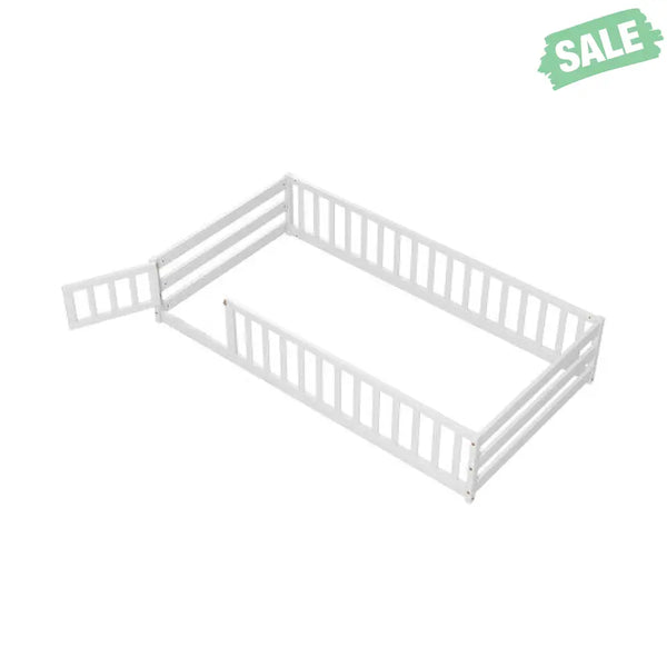 Twin Size Kids Wood Montessori Floor Bed with Door and Fence-Gray Toddler Beds