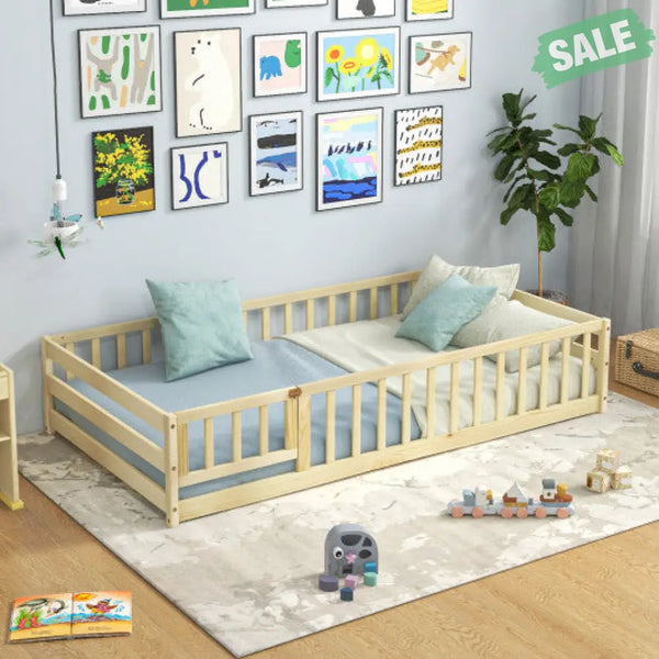 Twin Size Kids Wood Montessori Floor Bed with Door and Fence-Gray Toddler Beds