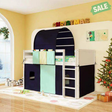Twin Size Loft Bed Playhouse Bed Frame with Tower Tent and 3 Storage Pockets-Navy Toddler Beds