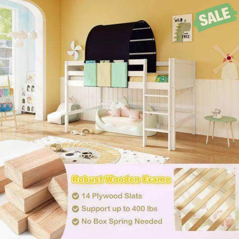Twin Loft Bed Playhouse Bed Frame Tower Tent 3 Storage Pockets