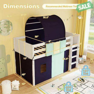 Twin Size Loft Bed Playhouse Bed Frame with Tower Tent and 3 Storage Pockets-Navy Toddler Beds