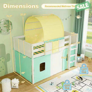 Twin Size Loft Bed Playhouse Bed Frame with Tower Tent and 3 Storage Pockets-Navy Toddler Beds