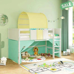 Twin Size Loft Bed Playhouse Bed Frame with Tower Tent and 3 Storage Pockets-Navy Toddler Beds