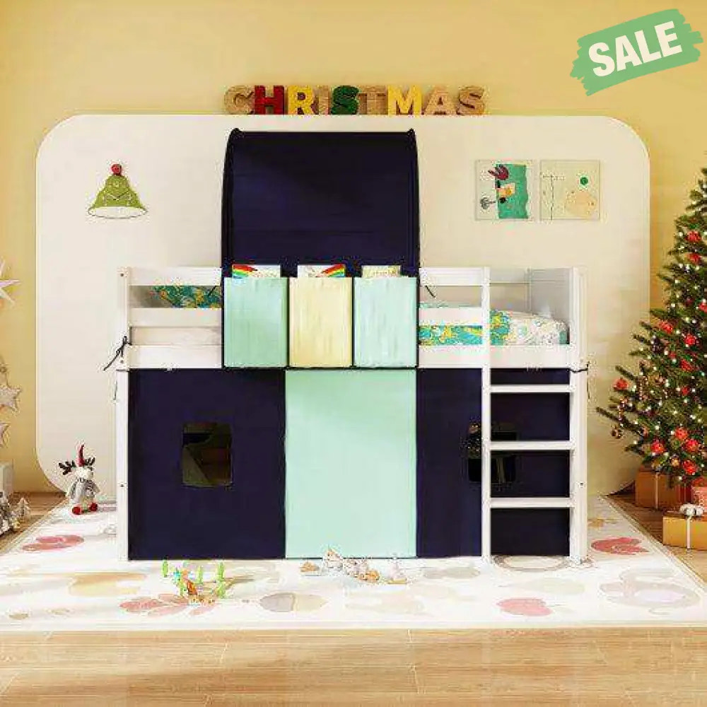 Twin Size Loft Bed Playhouse Bed Frame with Tower Tent and 3 Storage Pockets-Navy Toddler Beds