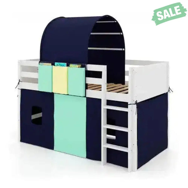 Twin Size Loft Bed Playhouse Bed Frame with Tower Tent and 3 Storage Pockets-Navy Toddler Beds