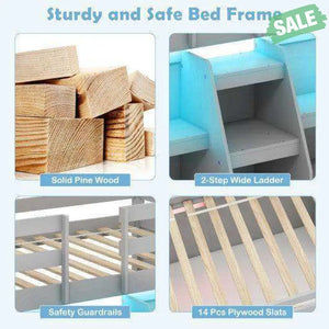 Twin Size Loft Bed with LED Lights with Staircase and Safety Guardrail-Grey Gray Toddler Beds