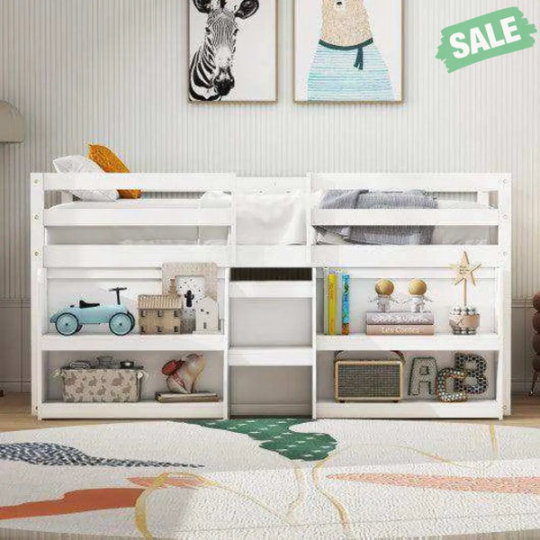 Twin Size Loft Bed with LED Lights with Staircase and Safety Guardrail-Grey Toddler Beds