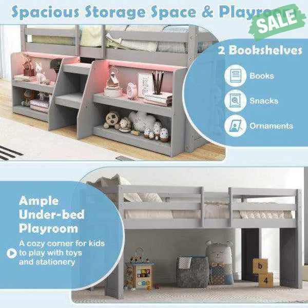 Twin Size Loft Bed with LED Lights with Staircase and Safety Guardrail-Grey Toddler Beds
