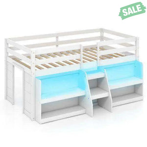 Twin Size Loft Bed with LED Lights with Staircase and Safety Guardrail-Grey Toddler Beds