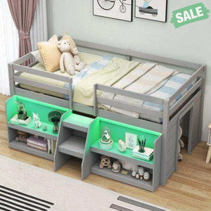 Twin Size Loft Bed with LED Lights with Staircase and Safety Guardrail-Grey Toddler Beds