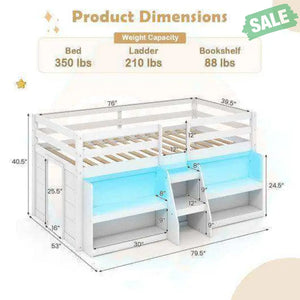 Twin Size Loft Bed with LED Lights with Staircase and Safety Guardrail-Grey Toddler Beds