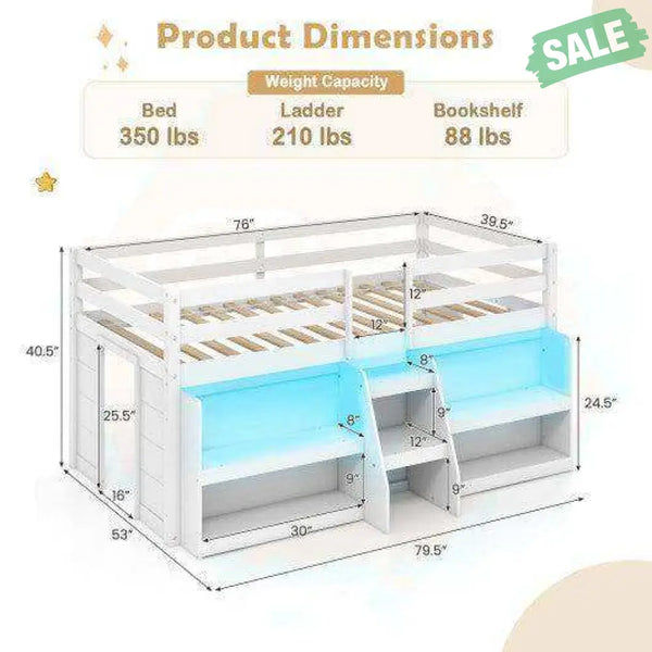 Twin Size Loft Bed with LED Lights with Staircase and Safety Guardrail-Grey Toddler Beds